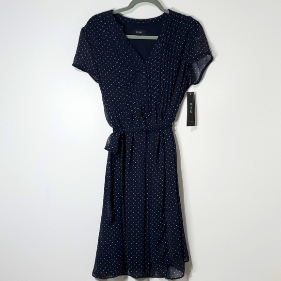 NWT MSK Navy and White Polka Dot Waist Tie Dress - Picture 1 of 9